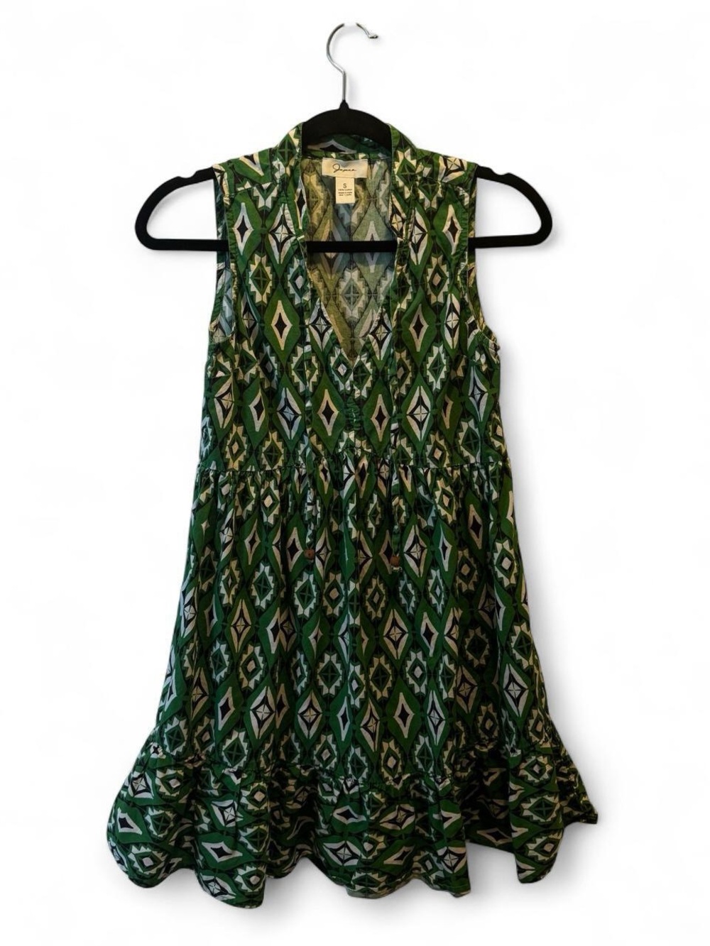 100% Cotton Green Geometric Sleeveless Summer Sun Dress